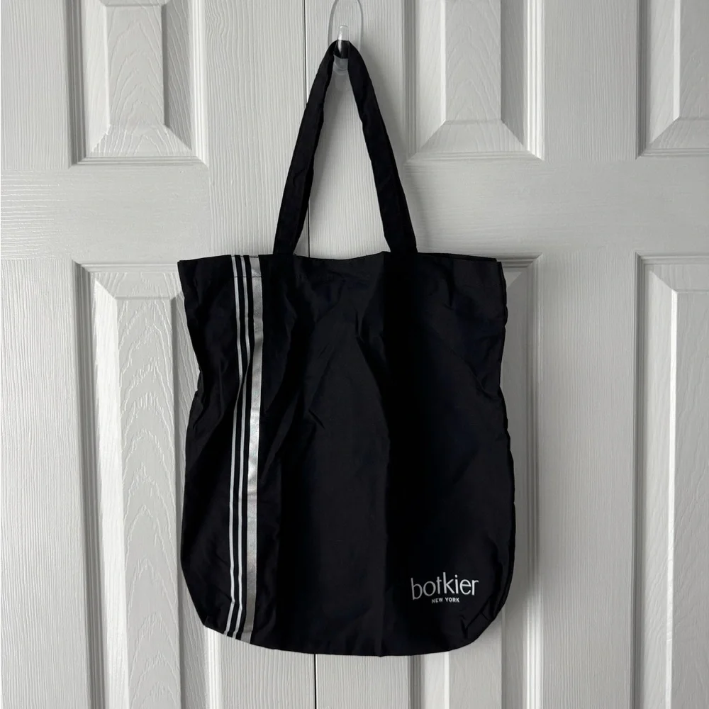 Botkier New York Black Canvas Tote Bag Silver Vertical Stripe & Logo